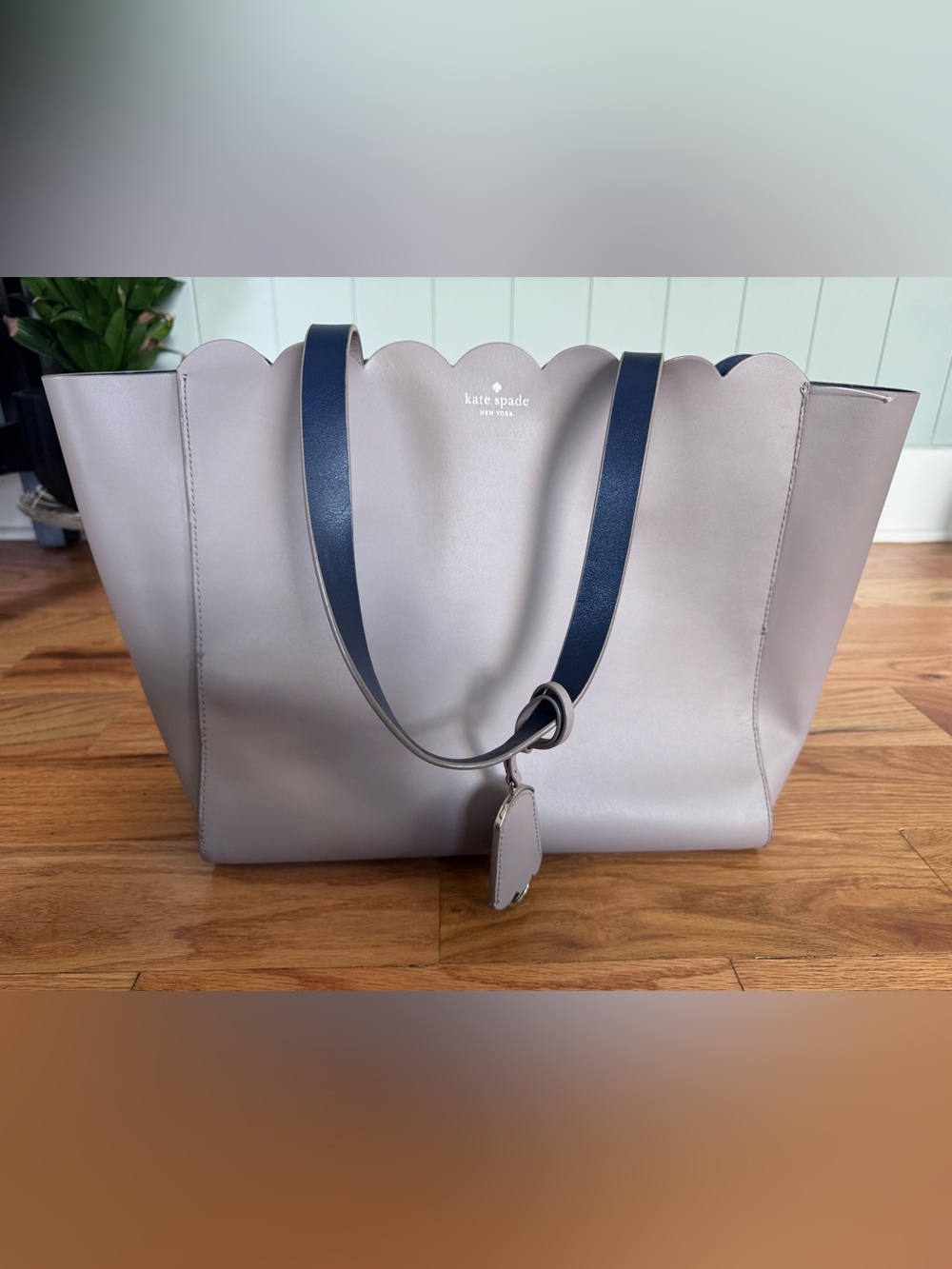 kate spade Scallop-Top Tote in Light Taupe with Navy Straps